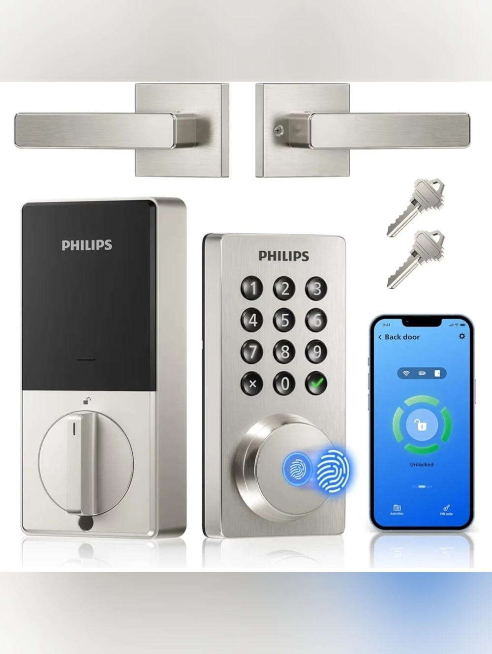 NEW! Philips 4200 App Controlled Voice & Fingerprint Front Door Lock w/Lever